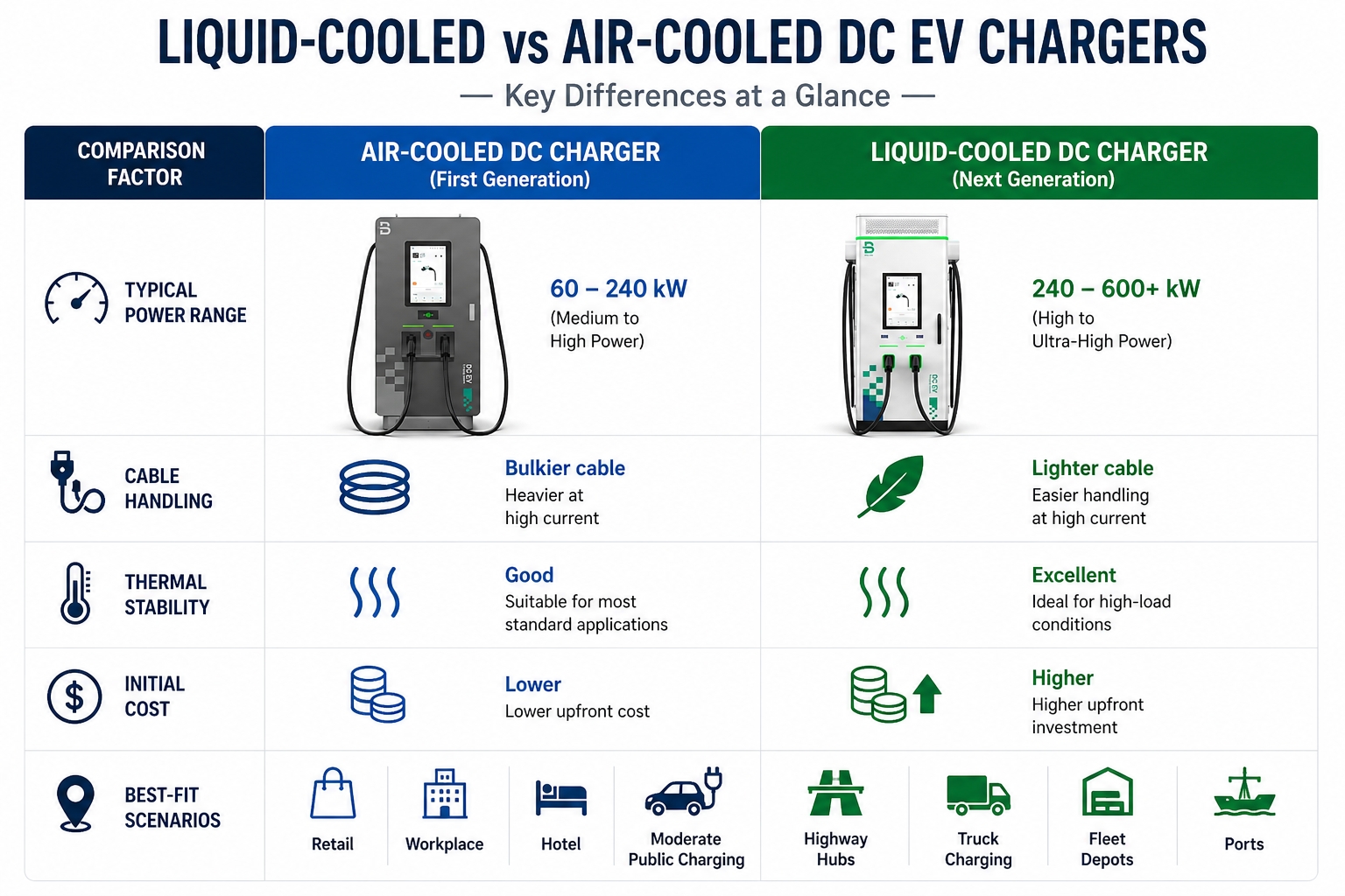 Caricabatterie per veicoli elettrici a corrente continua raffreddati a liquido vs. raffreddati ad aria
