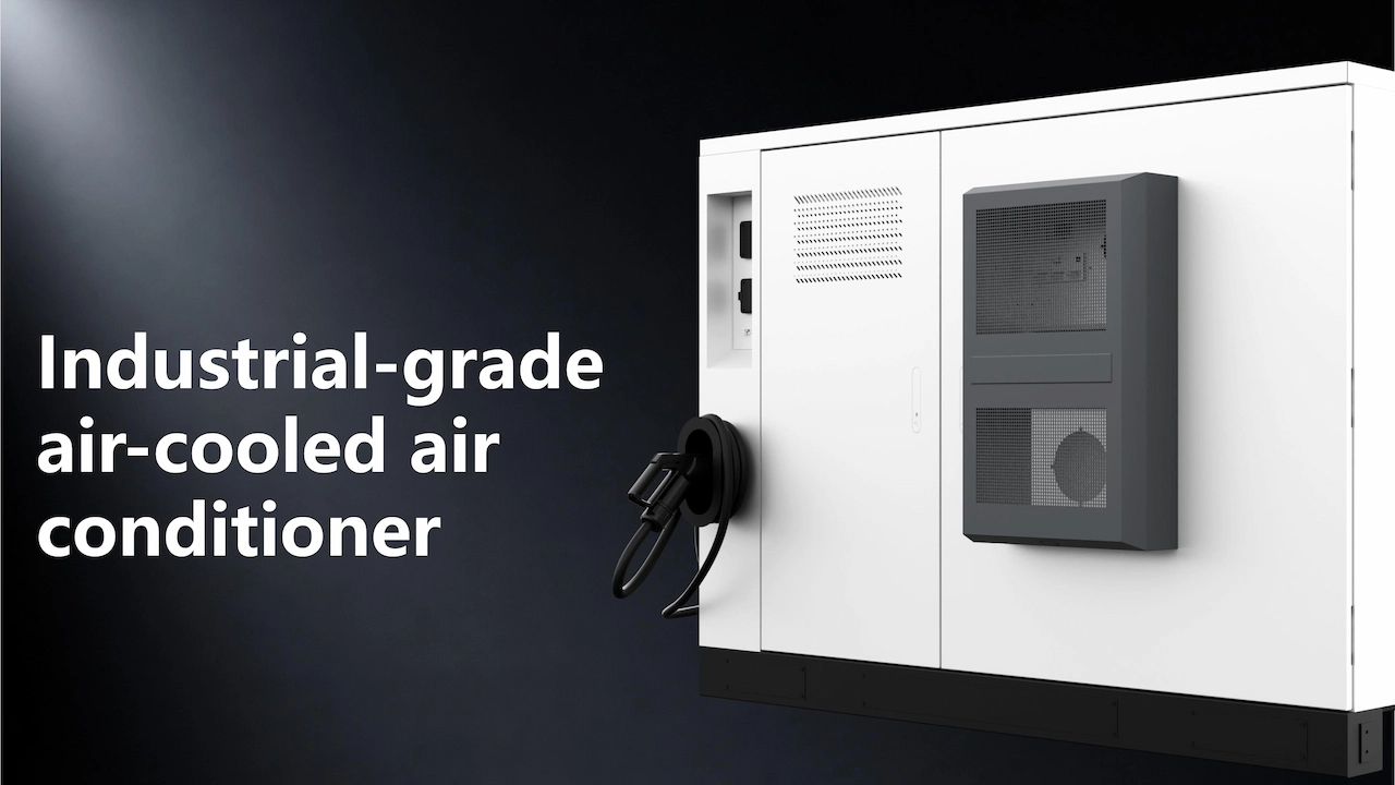 Ar condicionado industrial refrigerado a ar da BENY com carregadores portáteis de corrente contínua integrados para veículos elétricos.